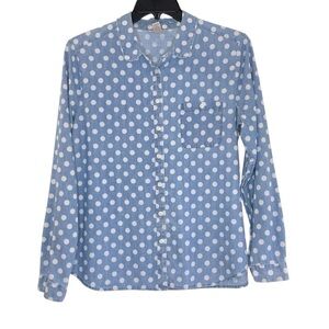 Loft Womens Blue & White Polka Dot Top Shirt Sz L Button Front Long Sleeve